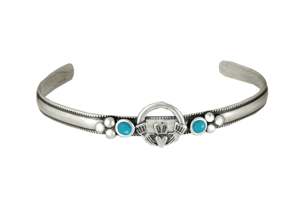 Sterling Silver Claddagh Cuff Bracelet With Turquoise Sterling Silver Claddagh Cuff Bracelet With Turquoise